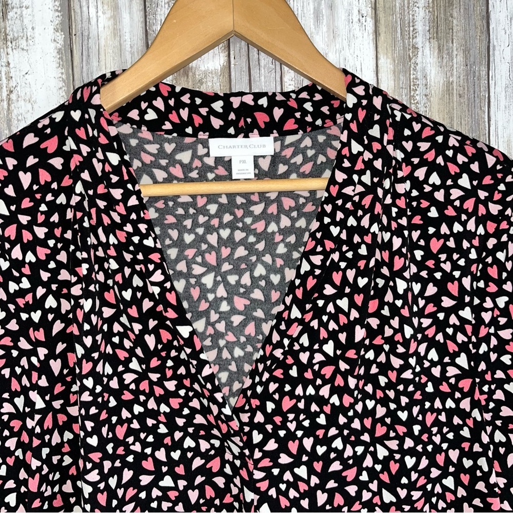 Charter Club Heart Print Blouse XLP Plus Size Black Pink V Neck 3/4 Sleeve Top - Picture 4 of 6